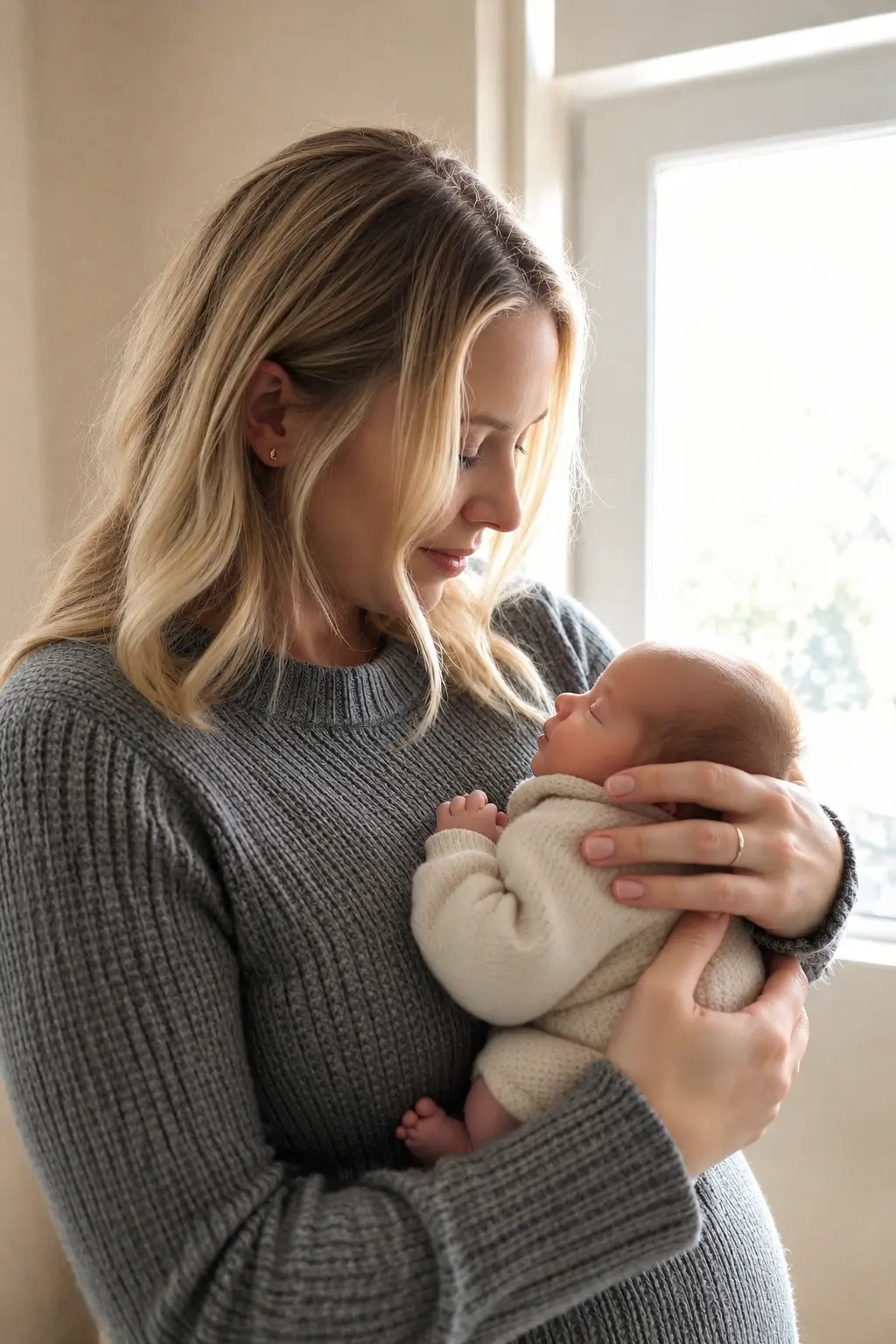Mother holding her newborn baby in soft light