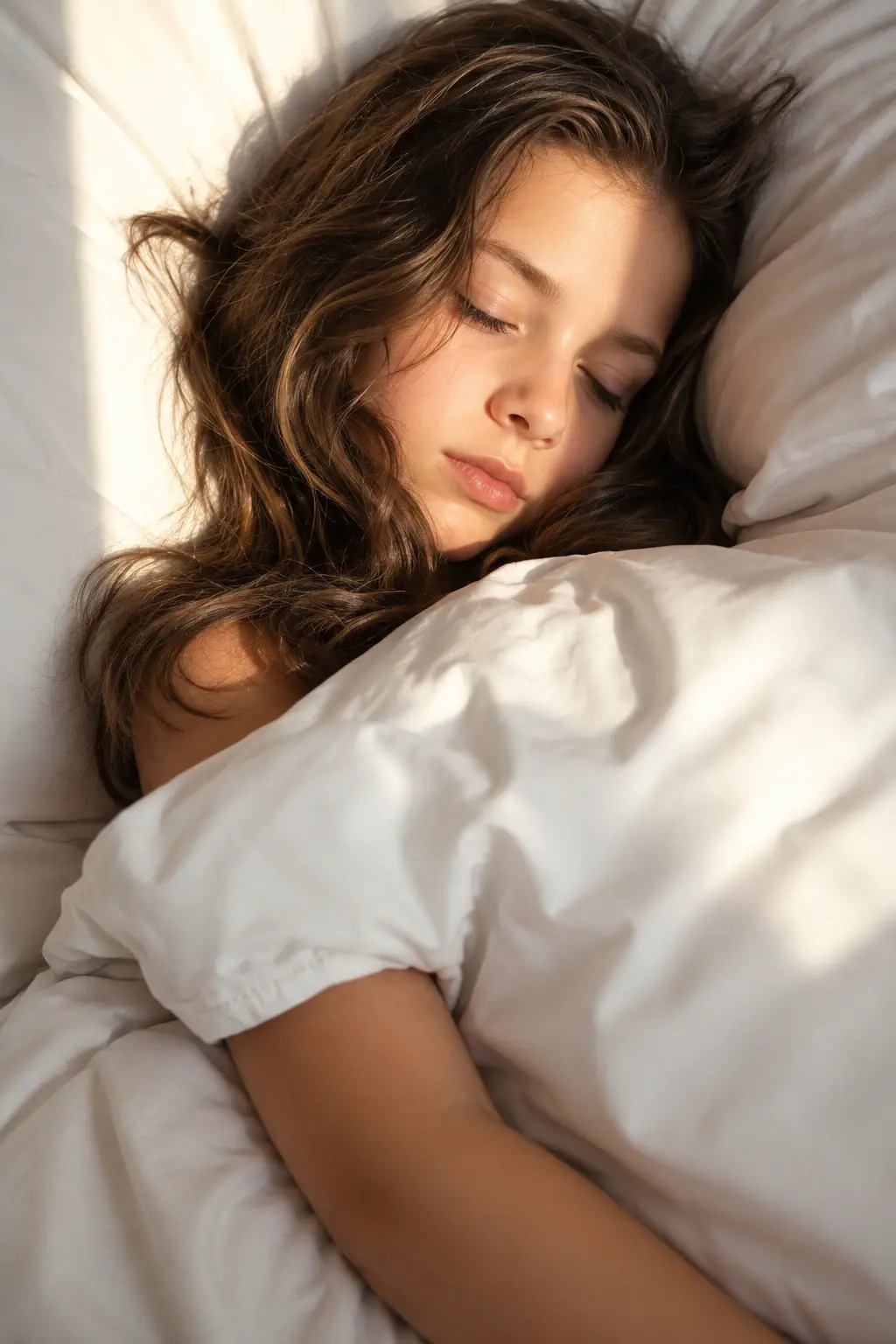 Person sleeping peacefully on white bedding