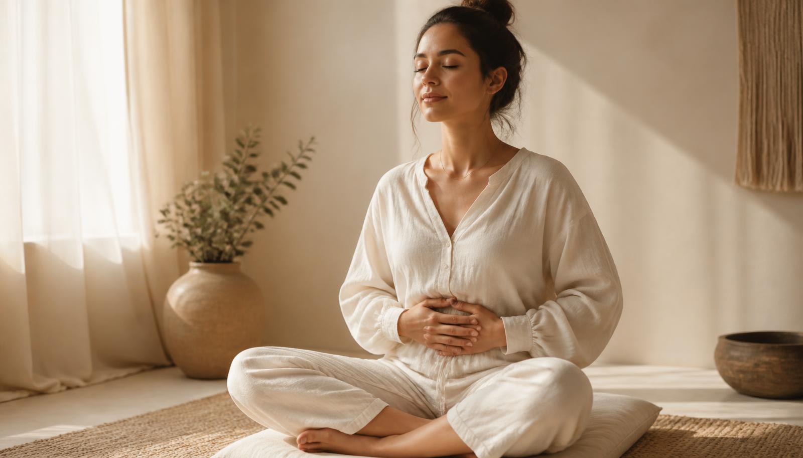 Woman sitting calmly in warm natural light with hands resting on her lower abdomen