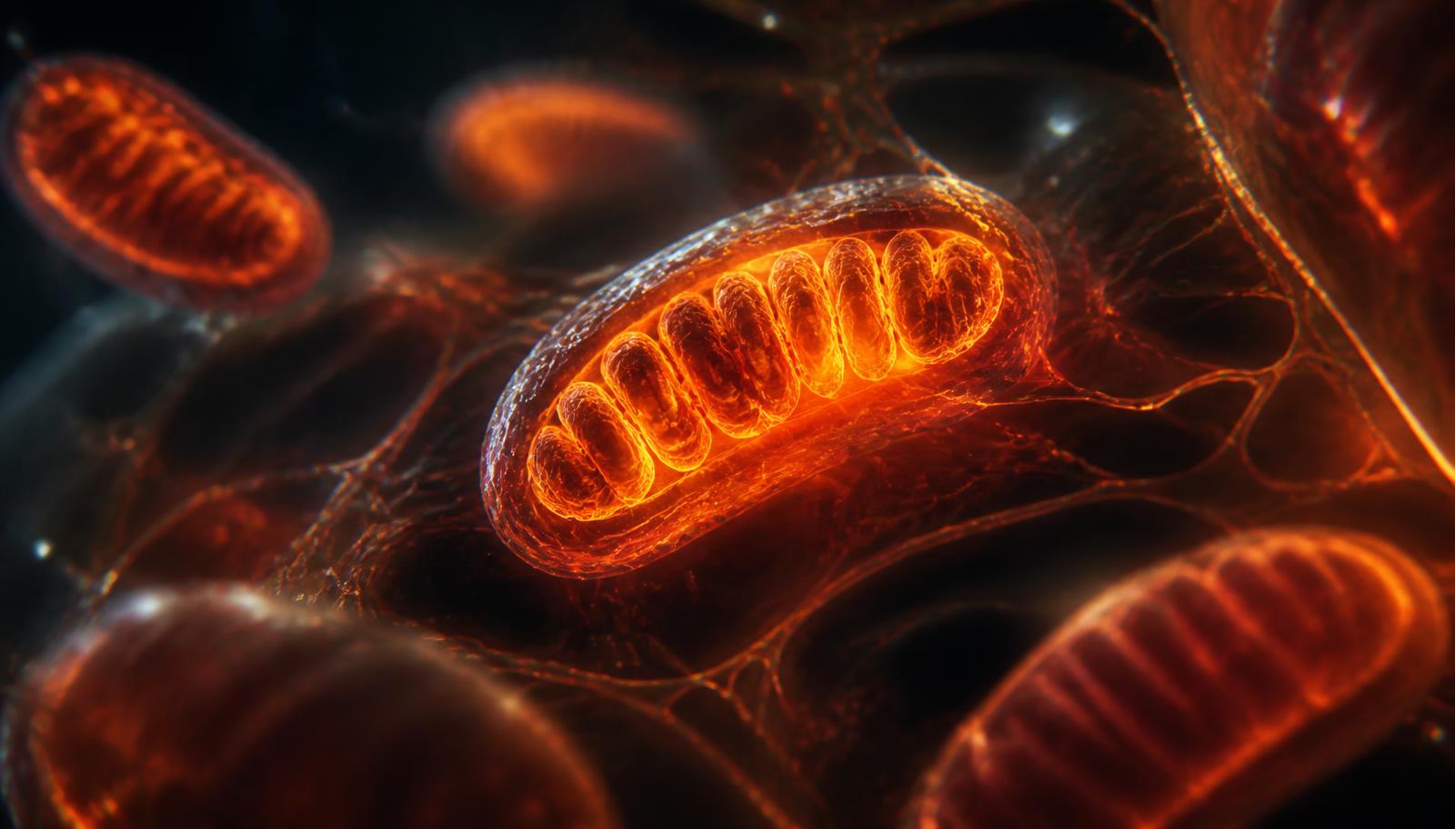 Glowing mitochondria inside a human cell rendered in warm red light