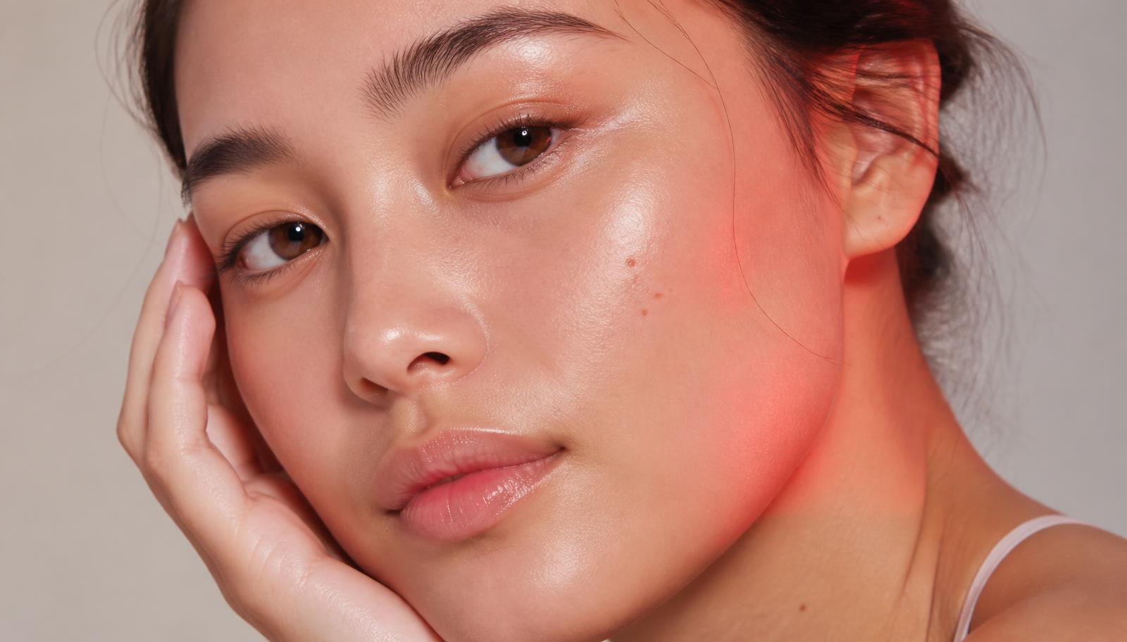 Close-up of luminous healthy skin lit by soft red light