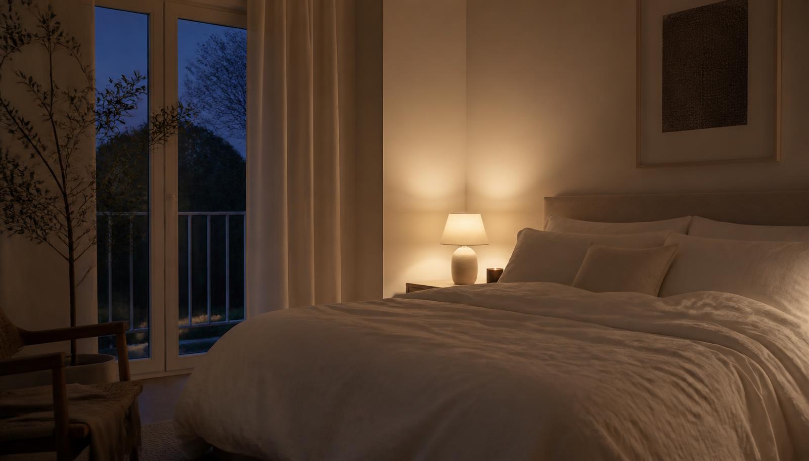 Calm minimal bedroom at dusk lit by warm amber light